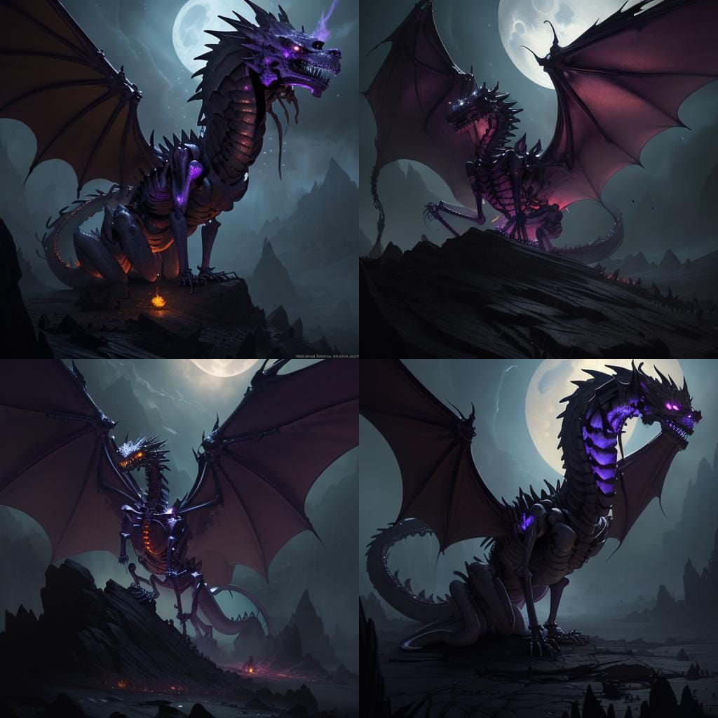 Fire Skeleton Dragon in Moonlight: Dark Fantasy Art