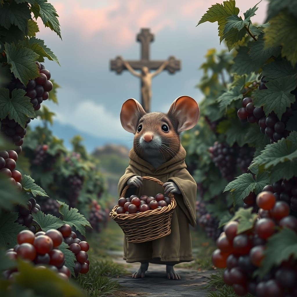 Apostle Mouse Harvests Grapes in a Fantastical Garden