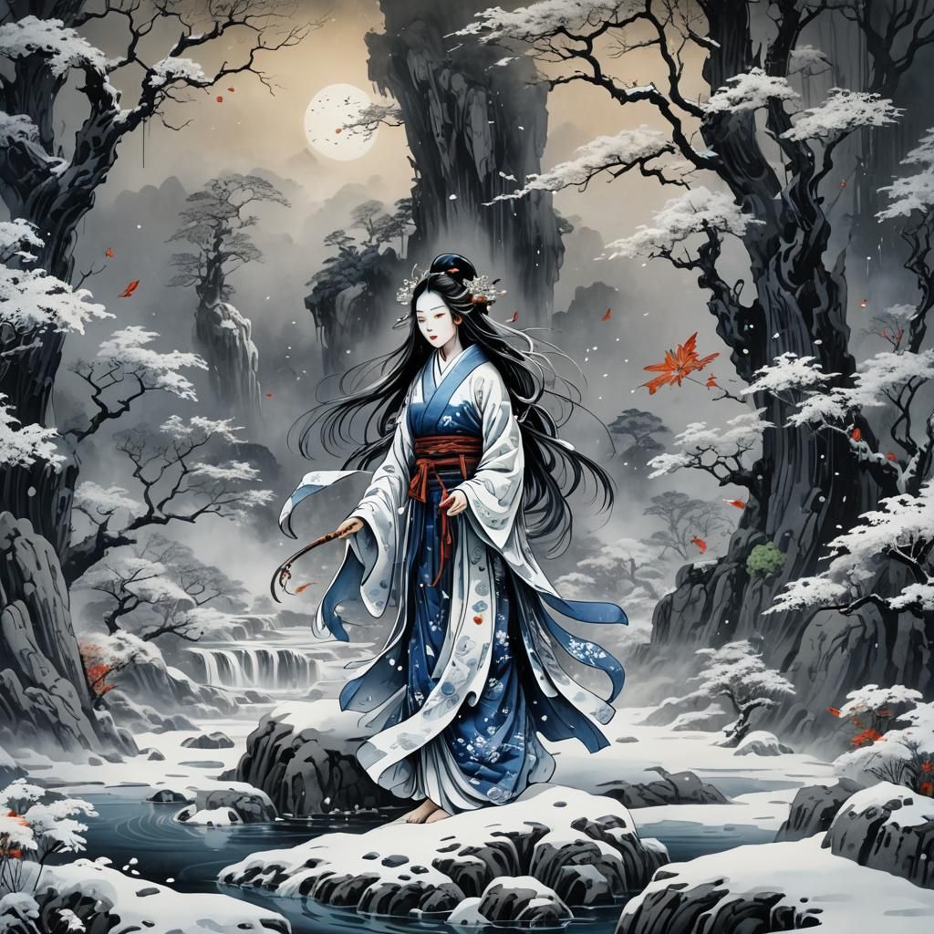 Yuki Onna: Surreal Japanese Ink Dreamscape