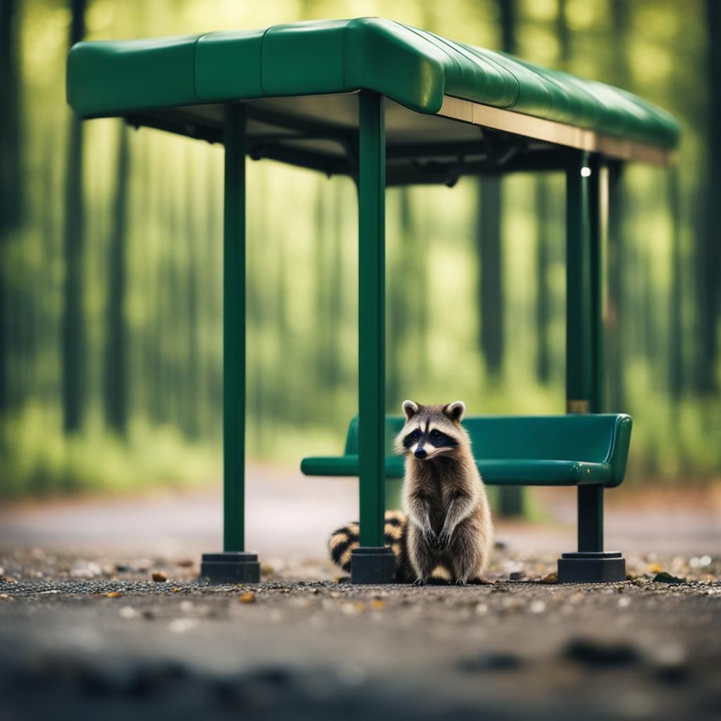 Raccoon at Forest Bus Stop in Tilt-Shift