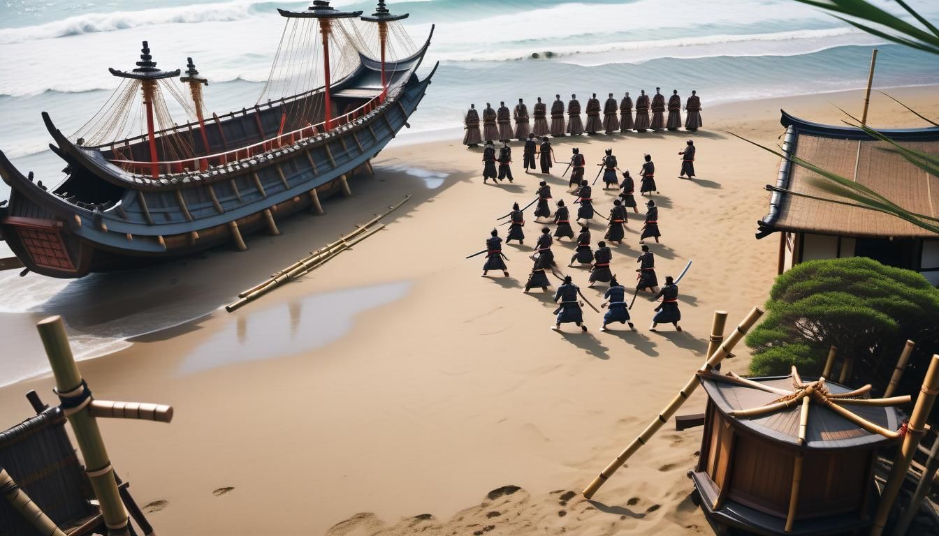 Samurai Warriors Clash on Beach in Cinematic Photo