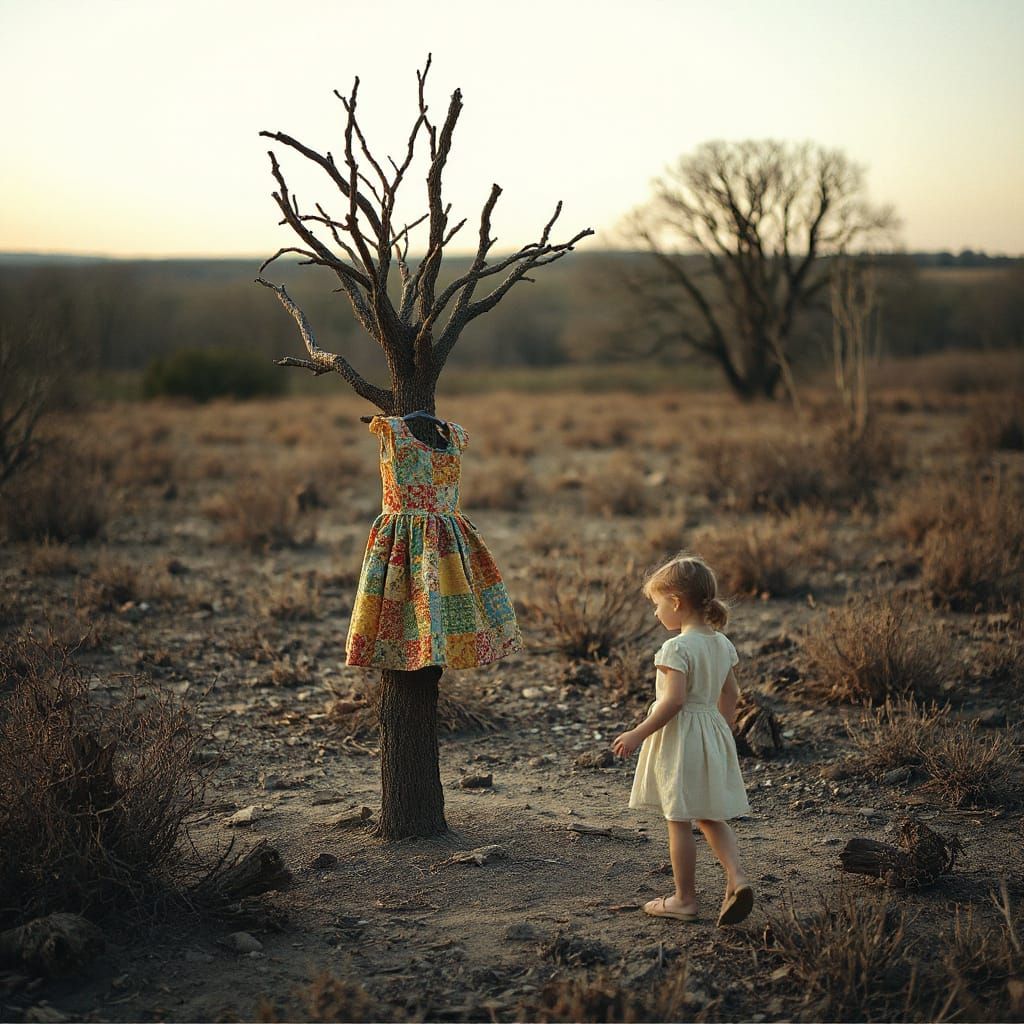 Child Curtsies to Tree in Patchwork Dress