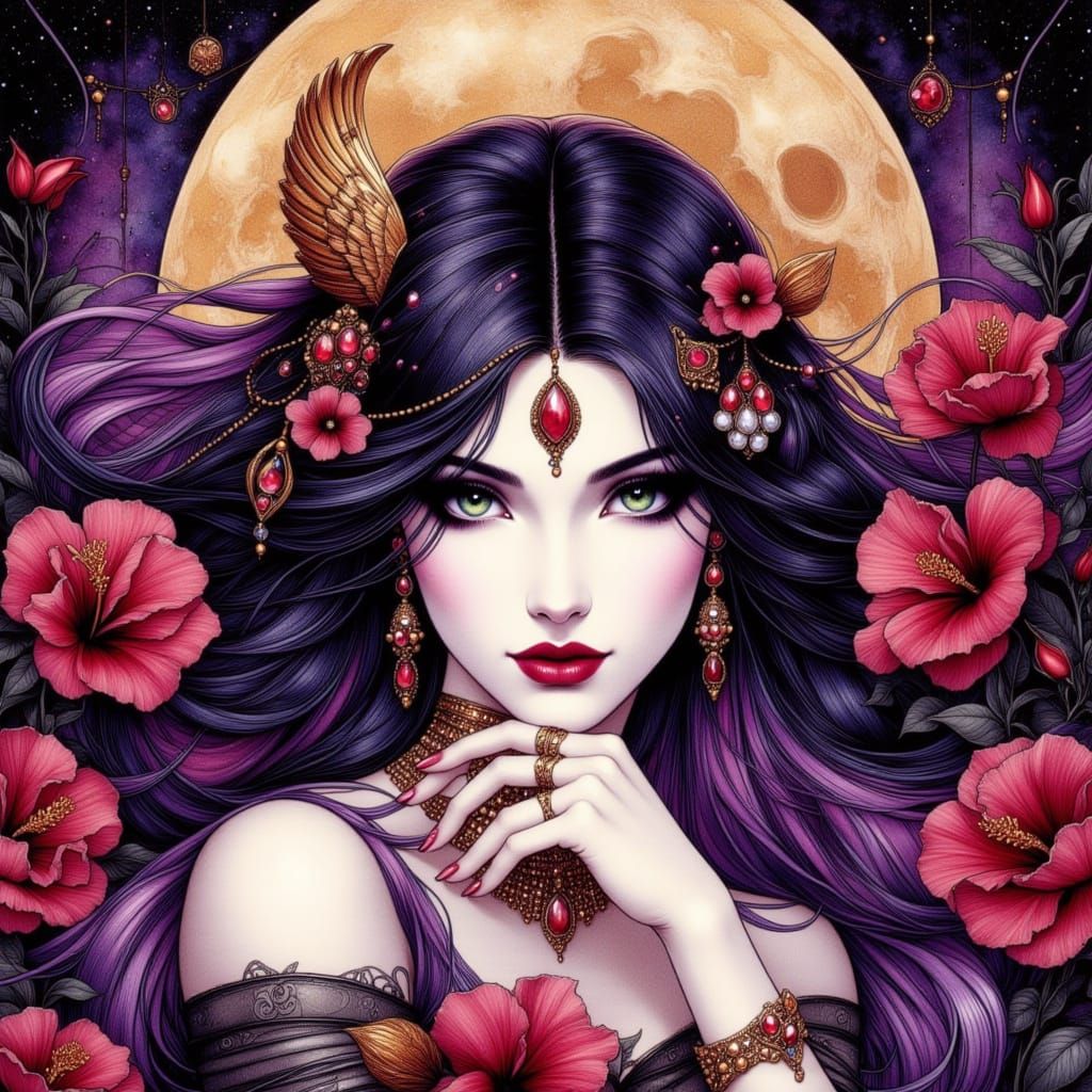 Ethereal Moon Goddess in High Gothic Comic Style