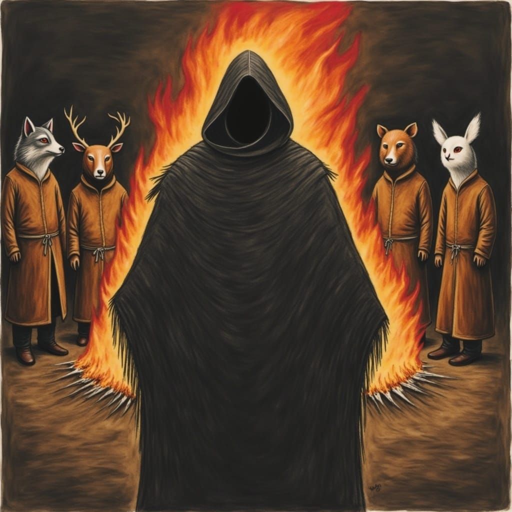 Druid Bonfire in Ancient Celtic Village, Charcoal Art