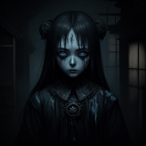 Eerie Girl in Abandoned House: Horror Illustration