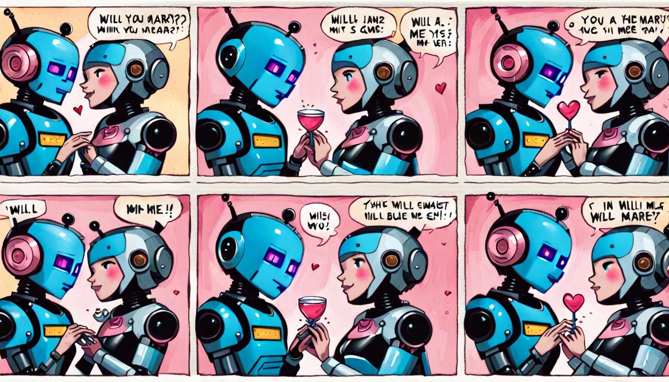 A short 4-cell comic strip, vibrant acrylic ink mixed media, featuring two cute robots a male blue & female robotpink in...