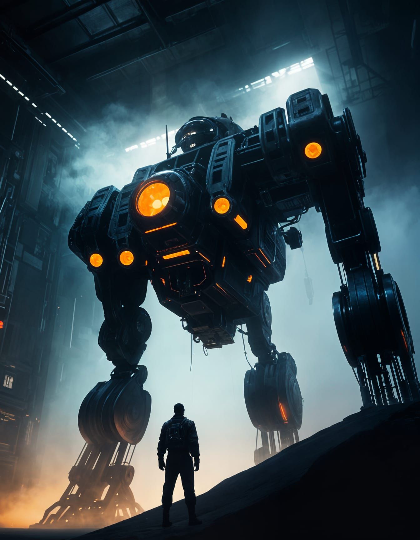 Futuristic Pilot Gazing at Giant Machine