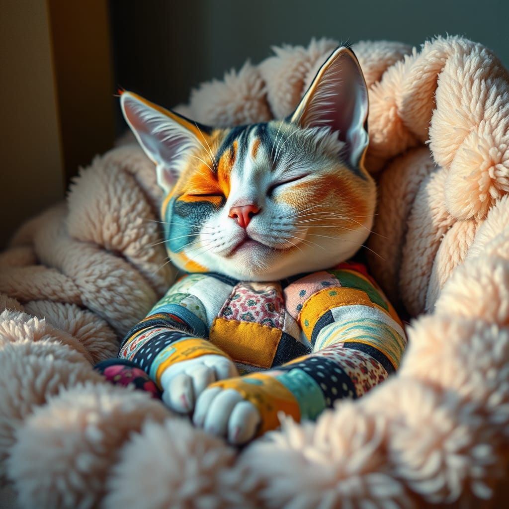 Eclectic Patchwork Cat in Cozy Slumber