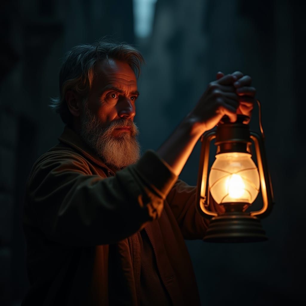 Aged Italian Man Searches for Hope in Darkened Landscape