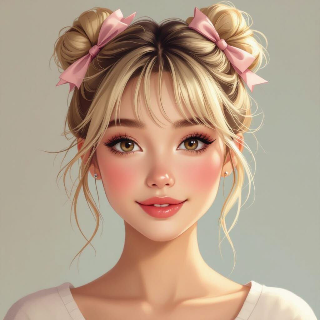 Cute Blonde Woman with Buns in Digital Art Style