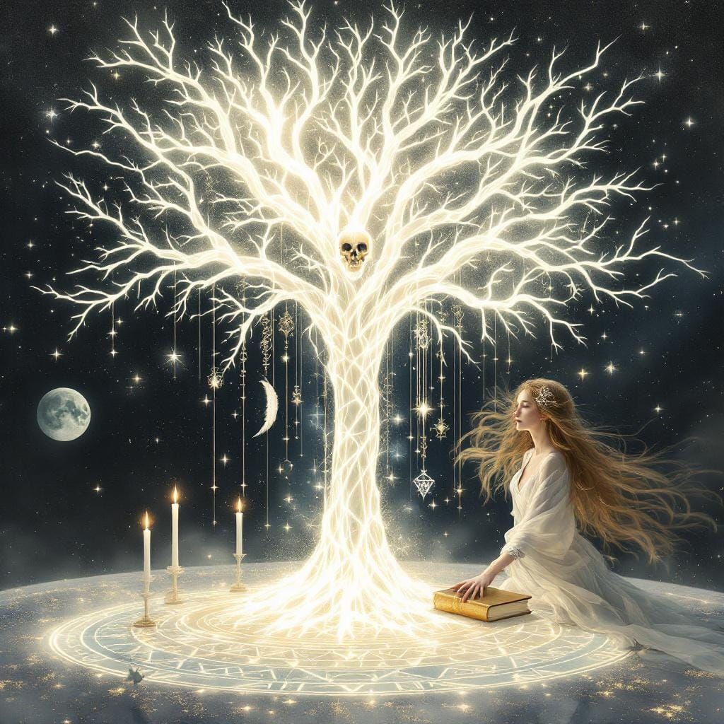 Ethereal Woman Dancing Under a Cosmic Tree