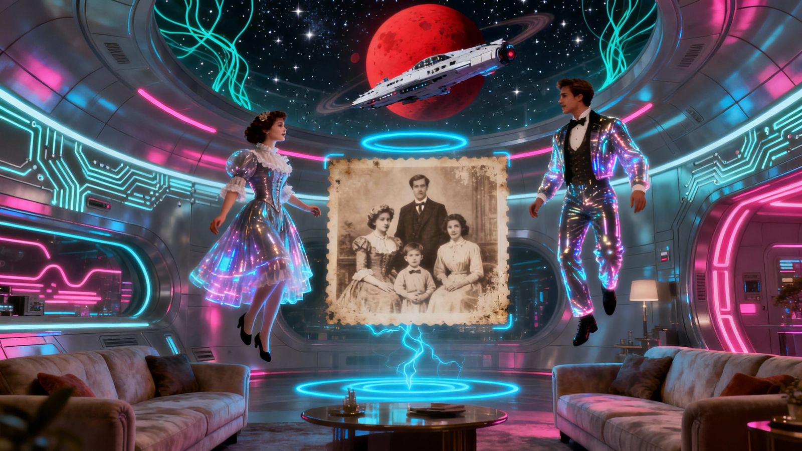 Futuristic Spaceship Scene with Retro-Futuristic Couple