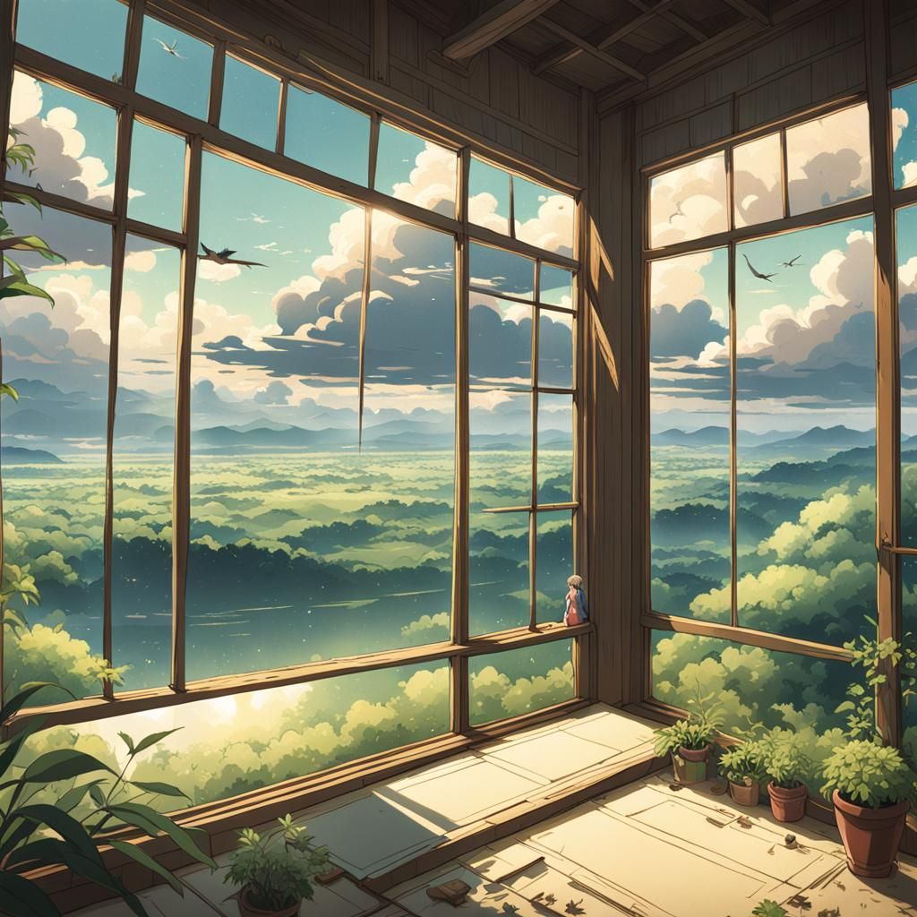Anime Valley View Through Crooked Window
