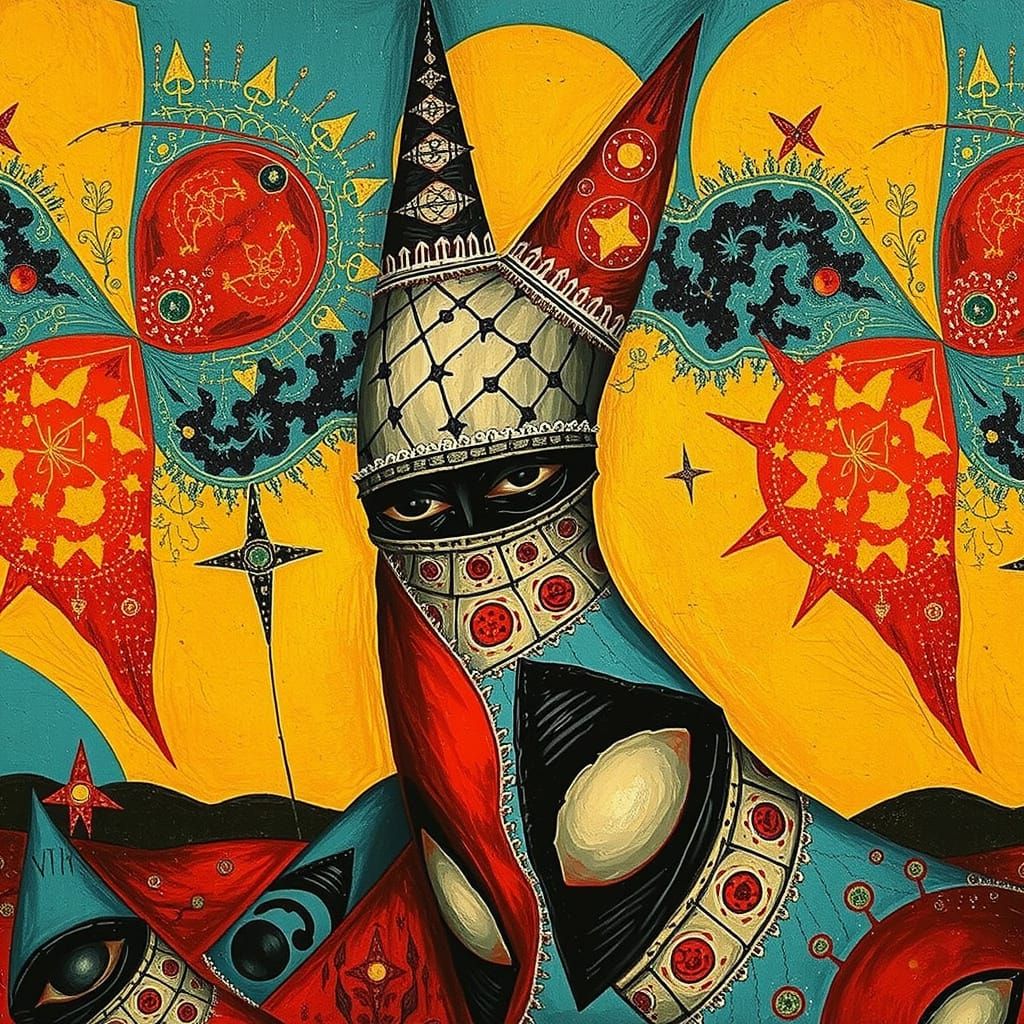 Surrealist Figures in a Vibrant, Fantastical Landscape