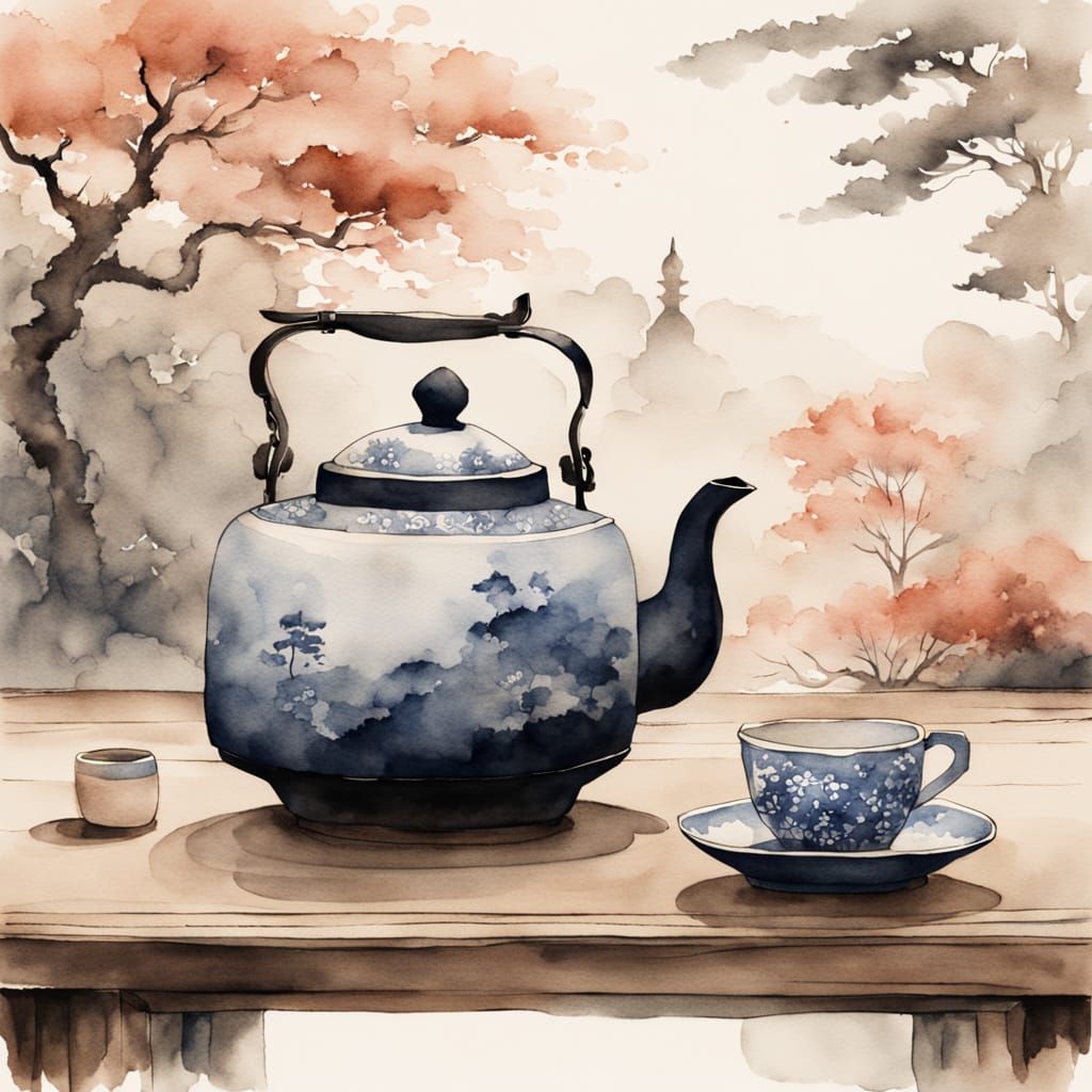 Serene Ancient Temple Interior with Japanese Tea Kettle and ...
