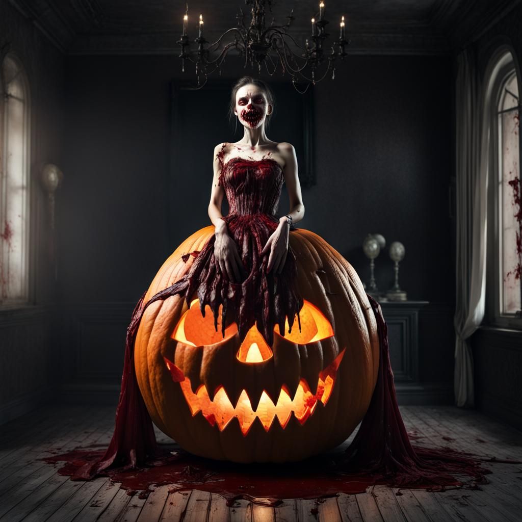 Woman vampire over a surreal enormous horror pumpkin.