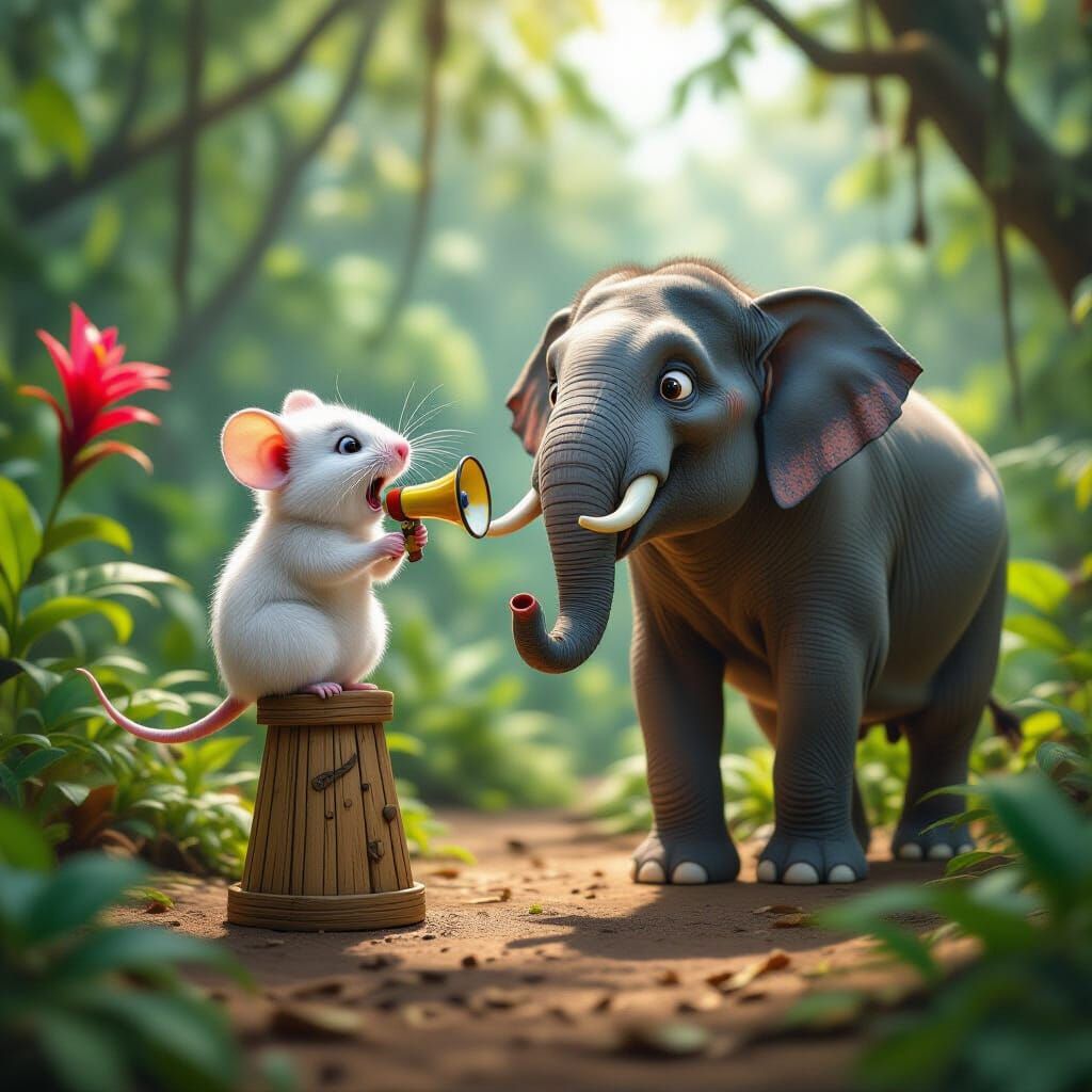 Tiny Mouse on Stilts Shouts at Shocked Elephant