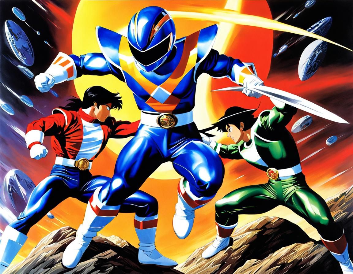 Blue Power Ranger versus Goku in Anime Style