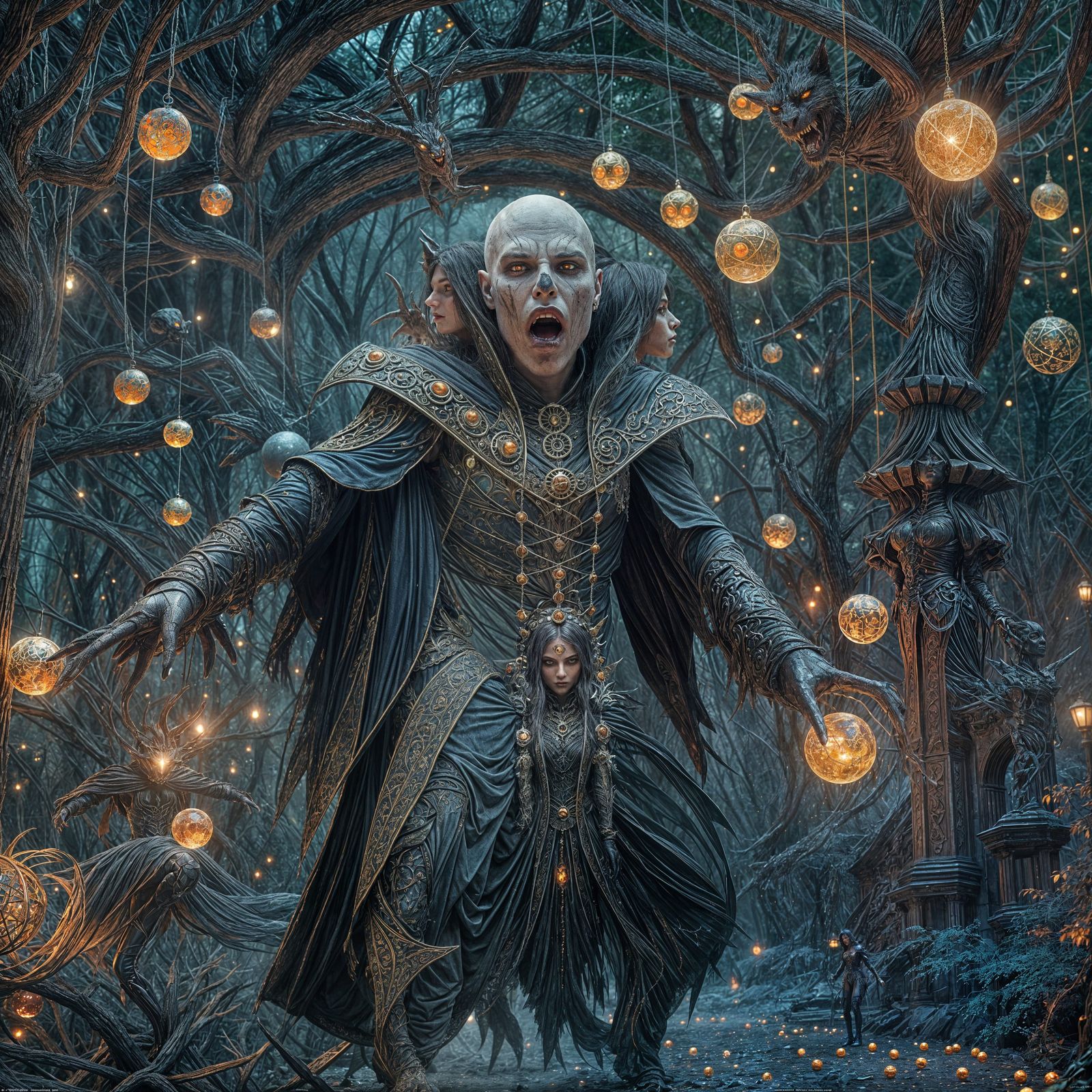 Epic fantasy concept art. Medium shot. A vampire monster dressed as a ghost, dancing with other creatures under big glit...