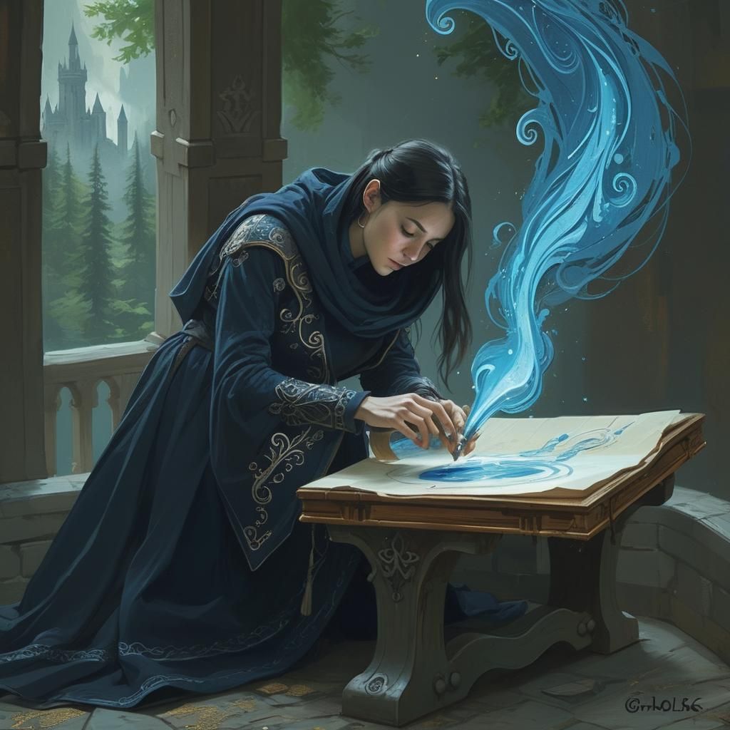 Medieval Castle Ink Drawing in Futuristic Style