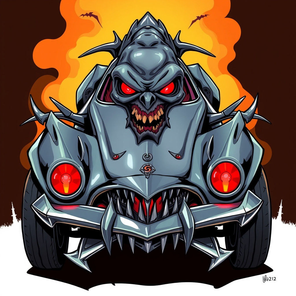 Anthropomorphic Horror Car in Cartoon Style