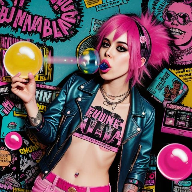 Punk Zine Style Illustration of a Teenager Chewing Bubble Gu...