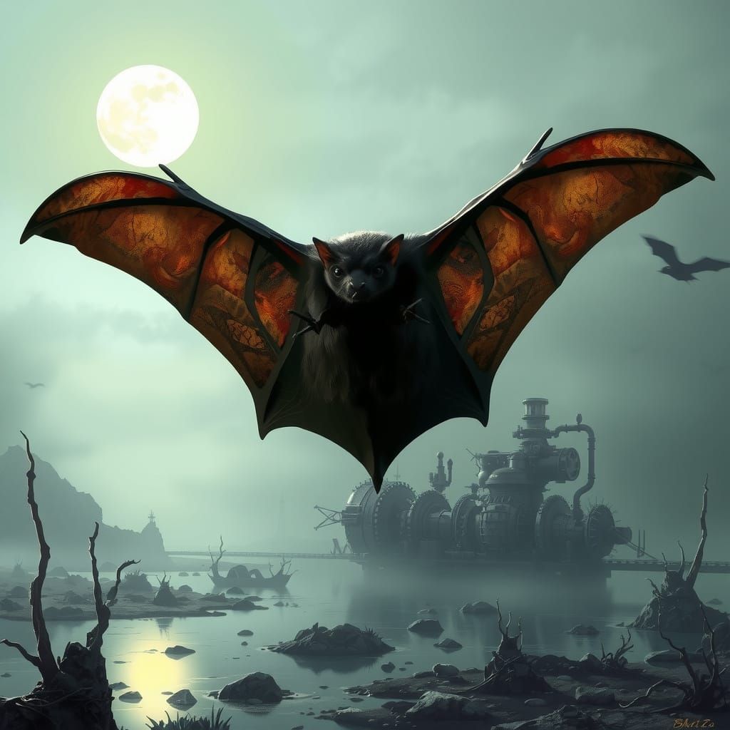 Bat in Misty Swamp with Steampunk Engine