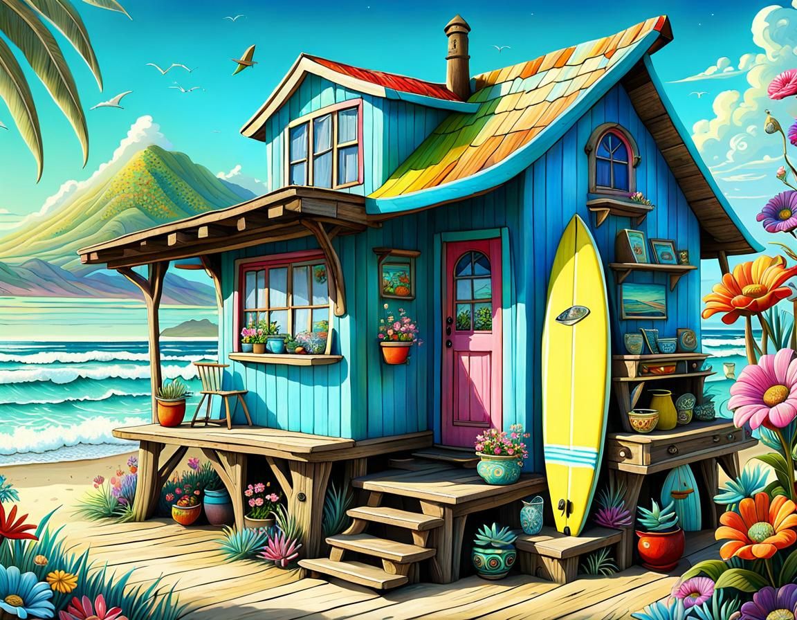 Whimsical Beach Surf Shack in Pop Surrealism Style