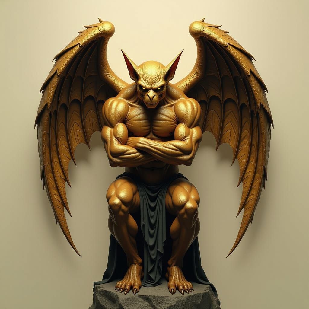 Golden Gargoyle with Feathered Wings in Biomechanical Style