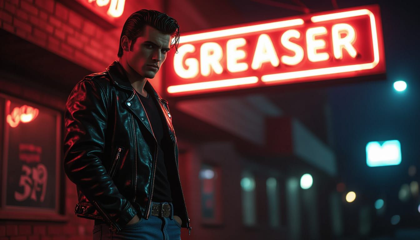 1950s Greaser Under Neon Sign