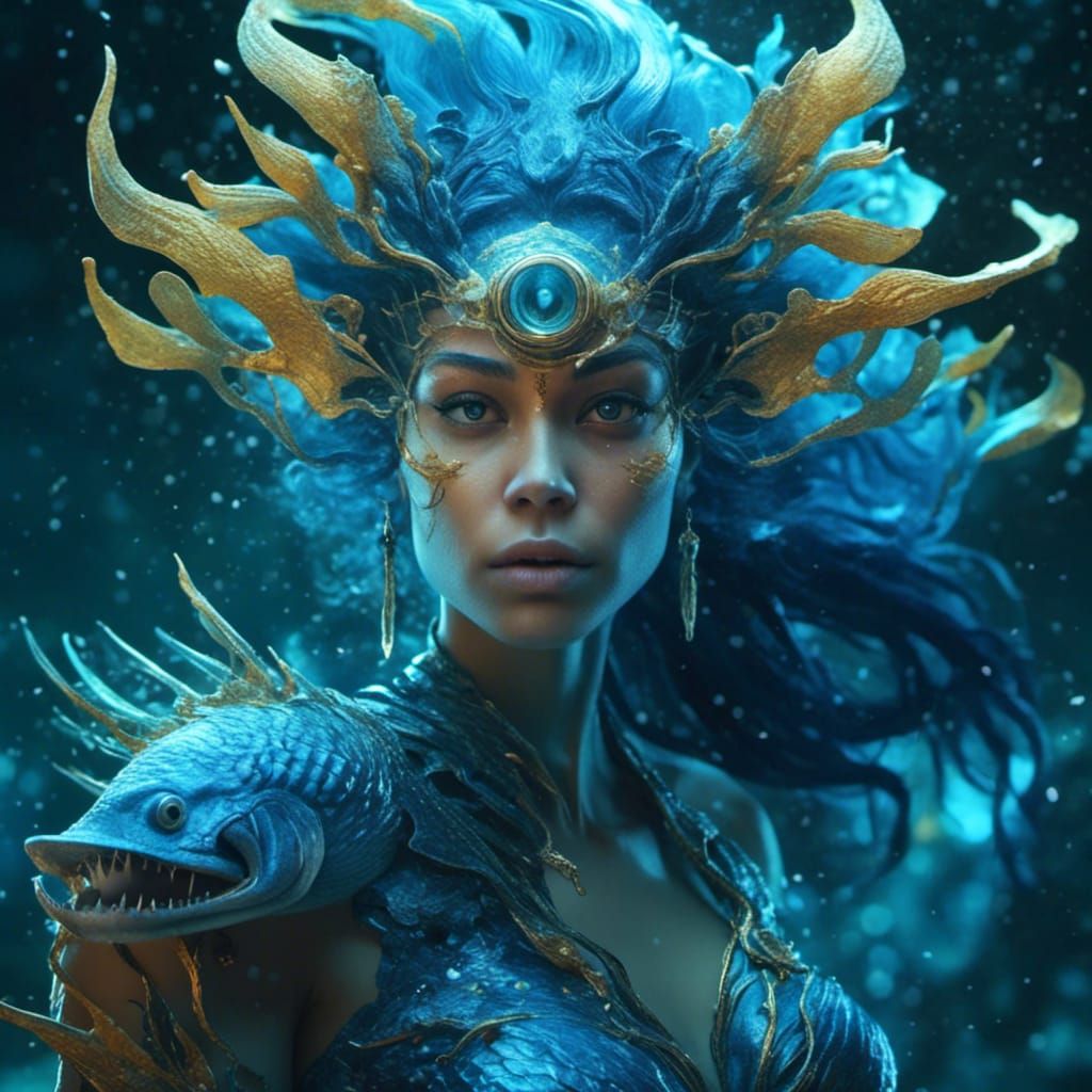 Action Portrait of a Blue Triton Spellcaster