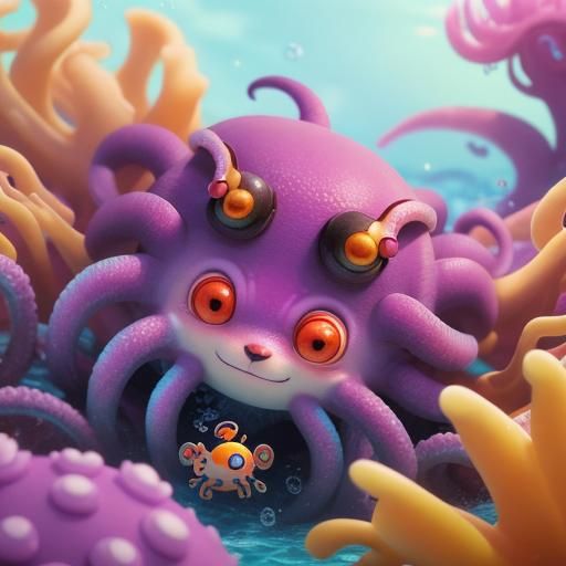 Adorable Spider Octopus in Ocean, 3D Anime Art