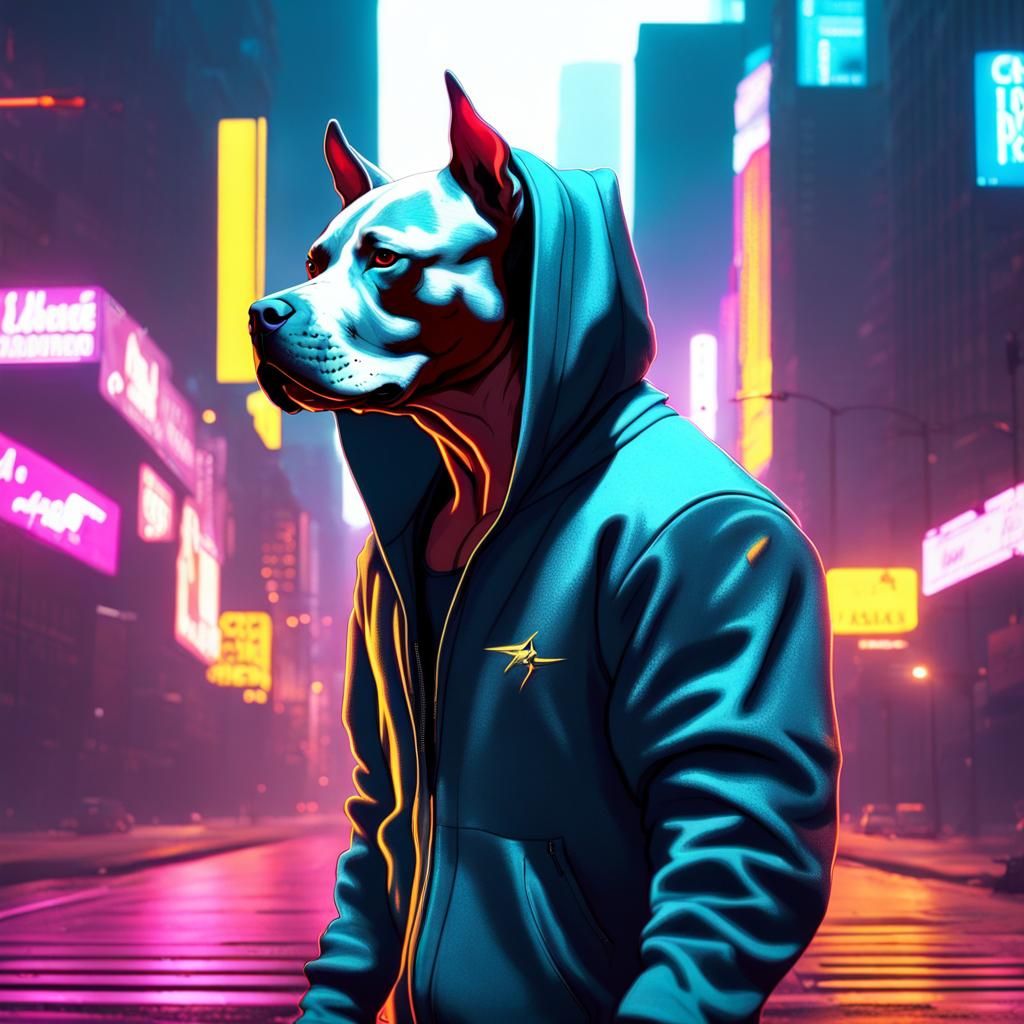 Cyberpunk Pitbull Walks City Streets