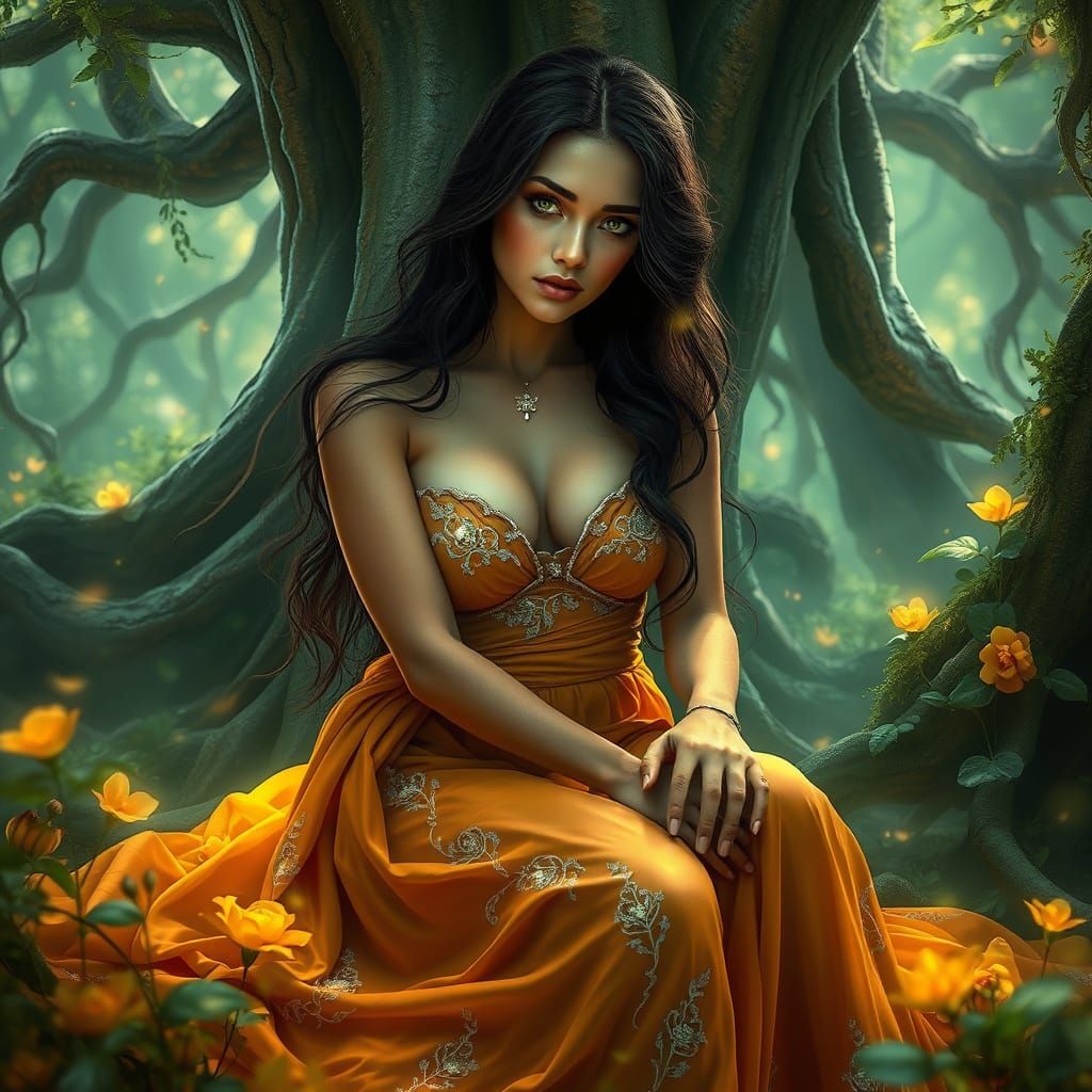Enchanted Woman in Dreamlike Landscape with Ancient Trees an...
