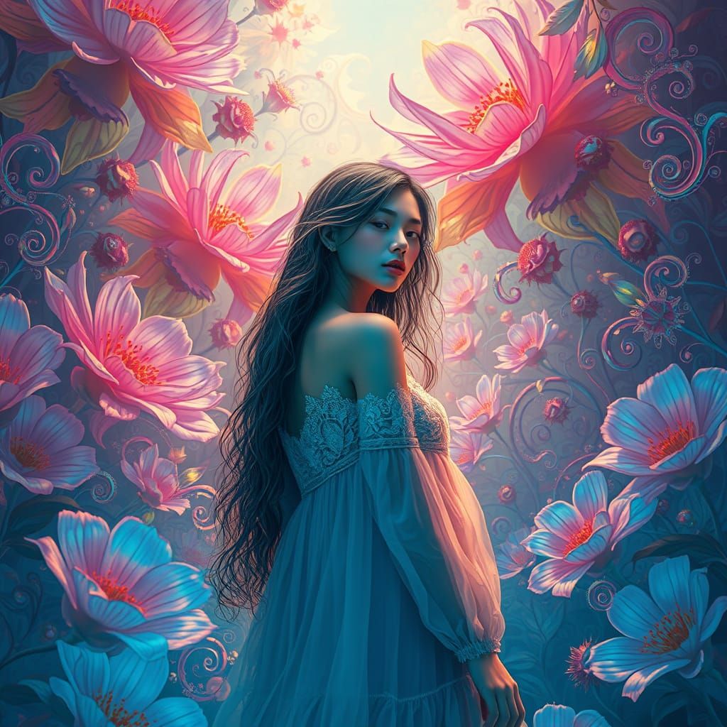 Surreal Woman in Lush Psychedelic Landscape