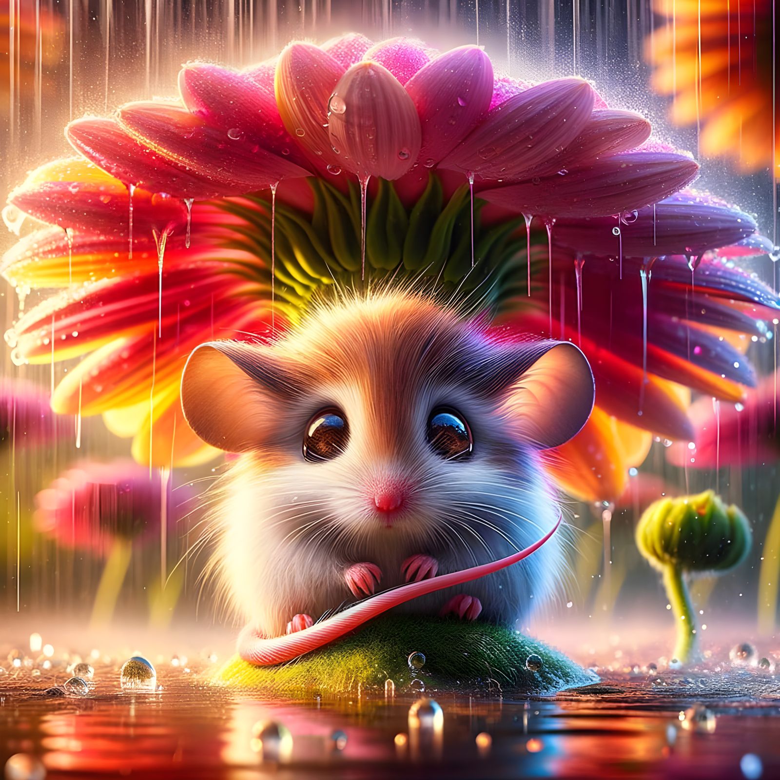 Fluffy Mouse Sheltering Under Giant Flower