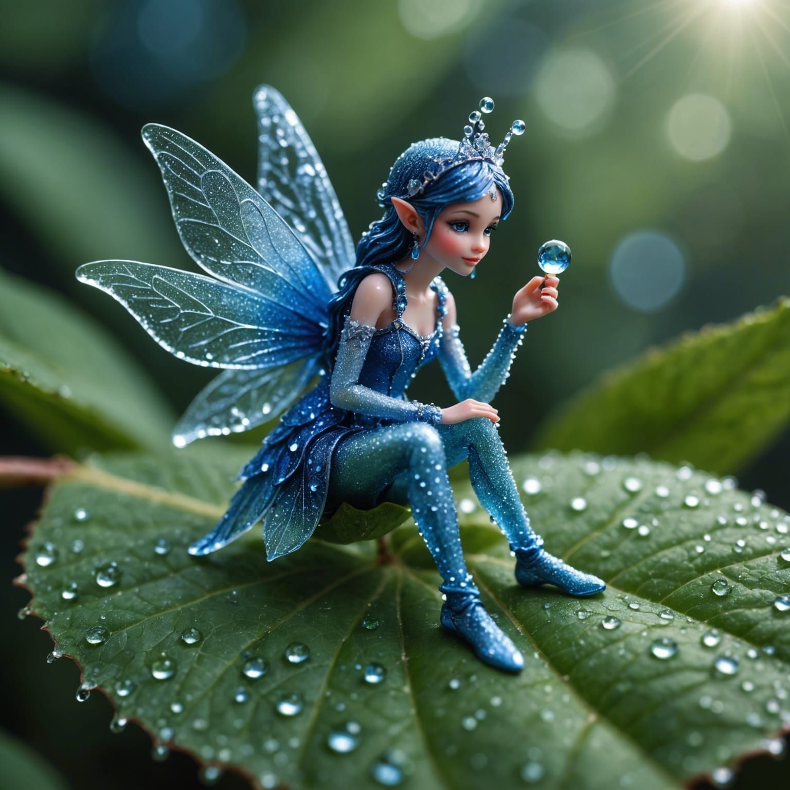 Enchanting Blue Fairy on Leaf in Macro Photograph