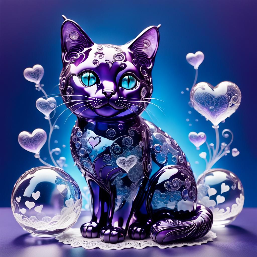 Purple Glass Cat Surrounded by Iridescent Hearts