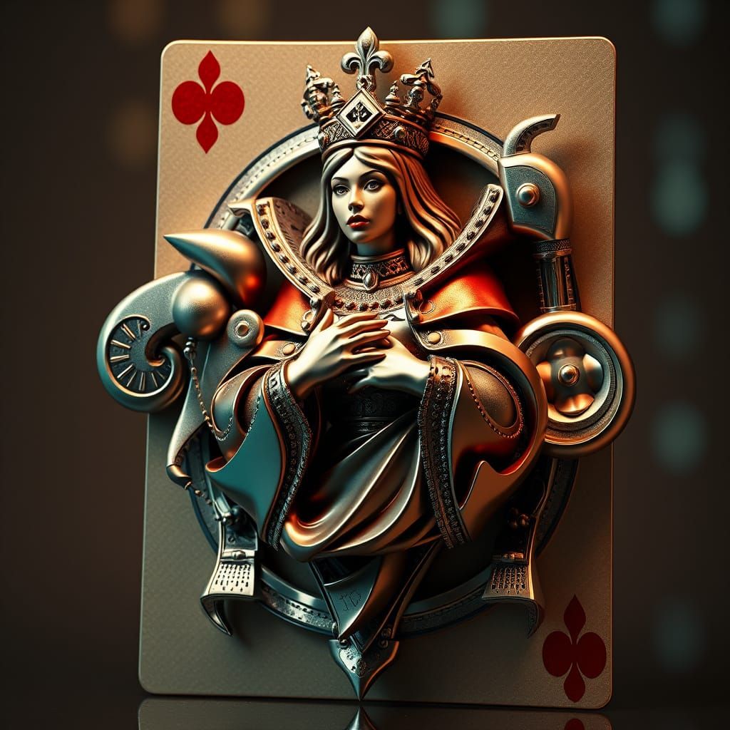 Mechanical Queen of Clubs Emerges from Card in 3D Style