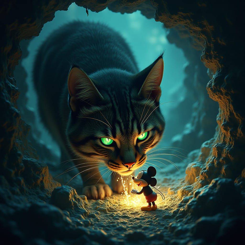 Regal Cat Devours Mickey Mouse in Dreamlike Fantasy