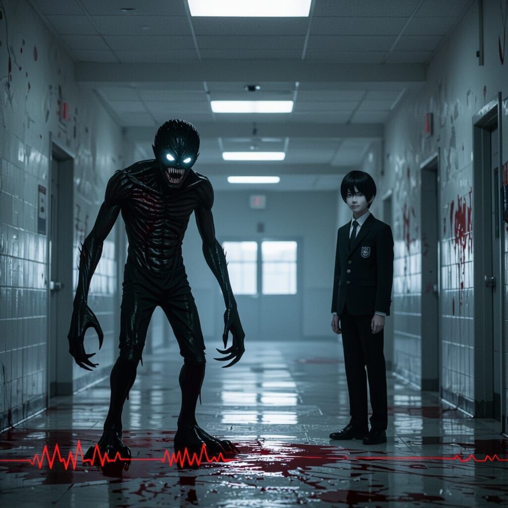Menacing Manga Horror: Shadow Boy in Bloody School Corridor