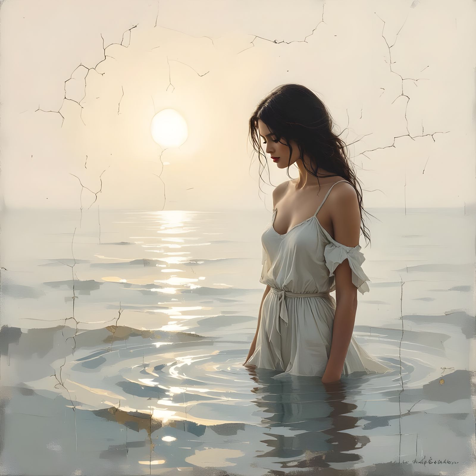 Ethereal Woman in Marine Fantasy, Expressive Minimalist Pain...