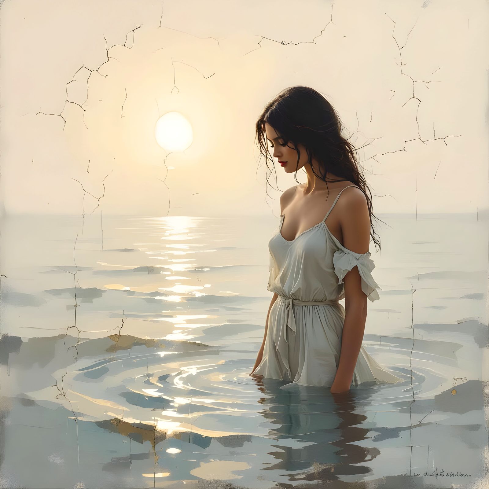 Ethereal Woman in Marine Fantasy, Expressive Minimalist Pain...