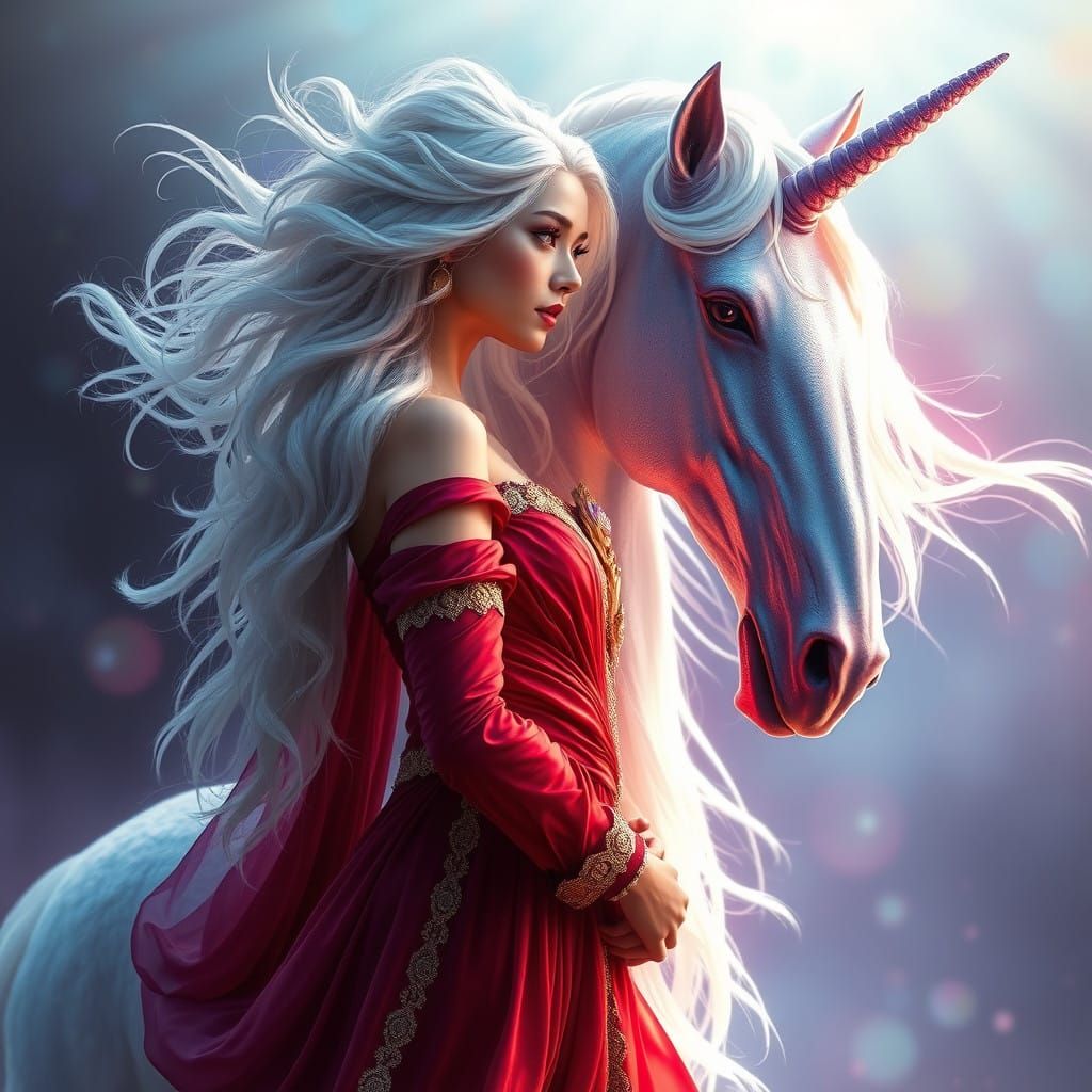 Regal Woman and Unicorn in Vibrant Fantasy Scene