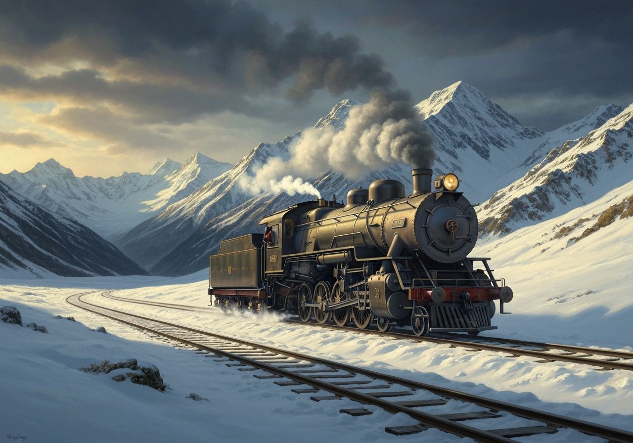Rembrandt-Style Steam Engine in Snowy Mountain Landscape