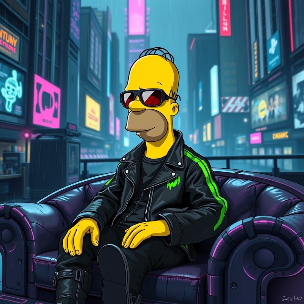 Cyberpunk Homer Simpson in a Dark, Futuristic City