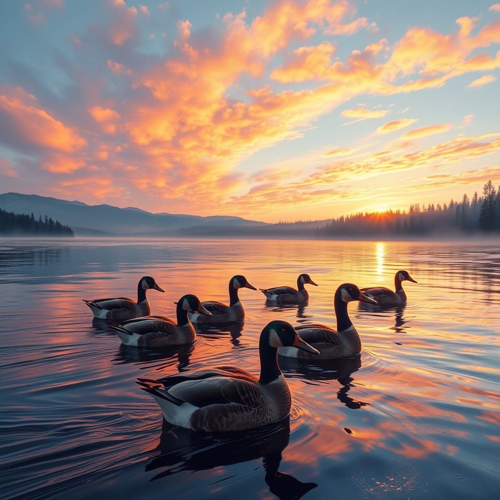 Winter Sunset Birds on a Serene Lake