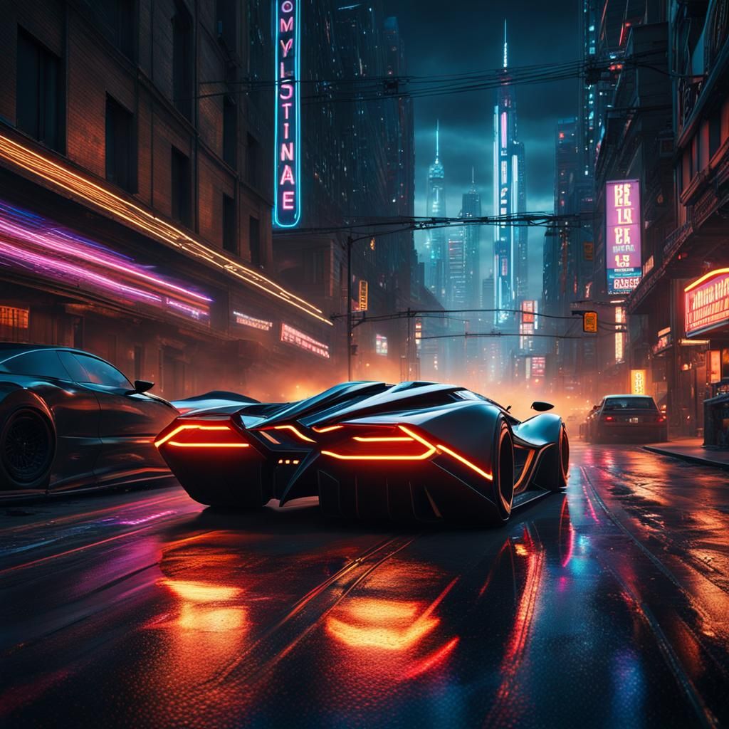 Futuristic Batmobile Speeds Through City at Night