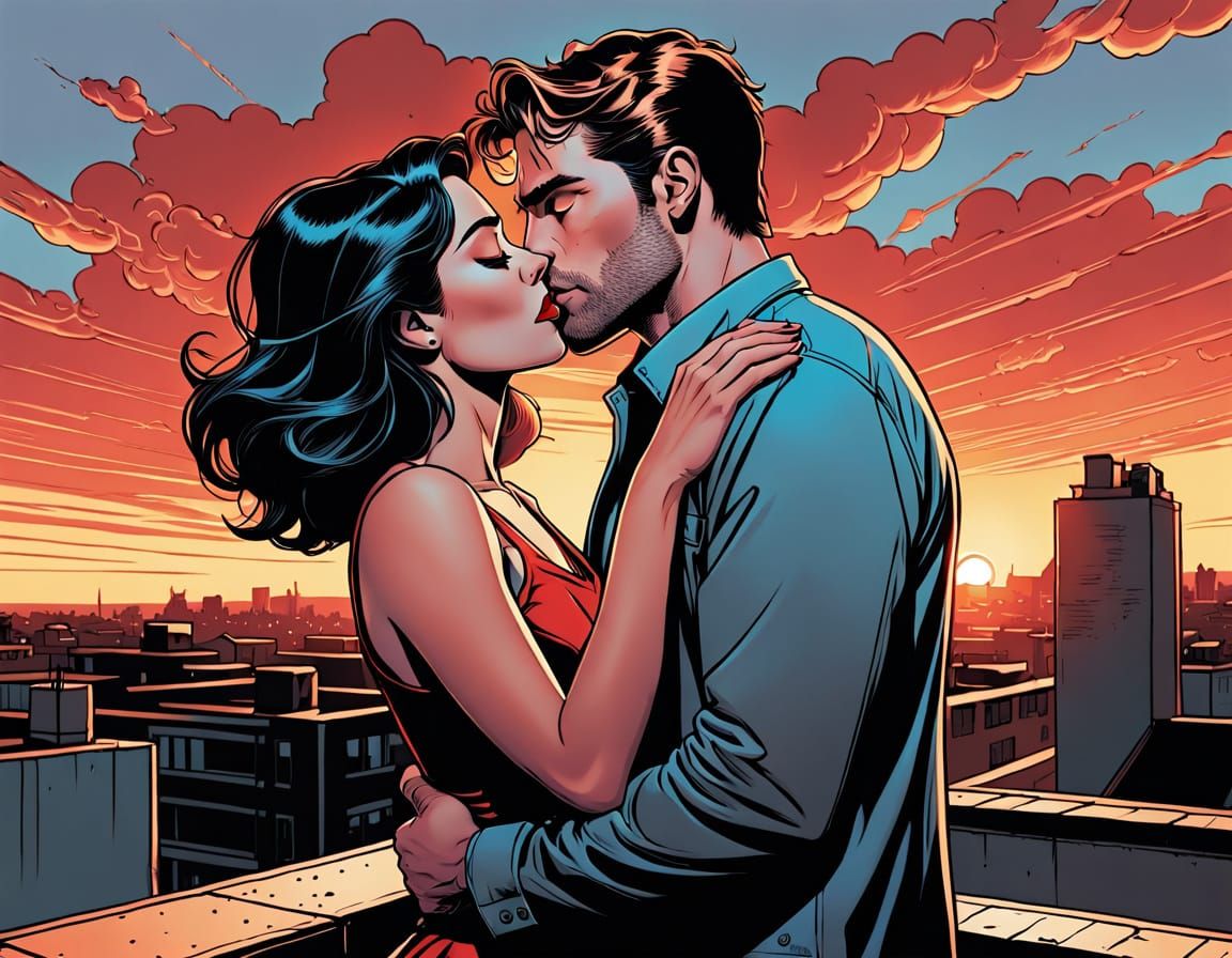 Romantic Rooftop Kiss in Vibrant Comic Art Style