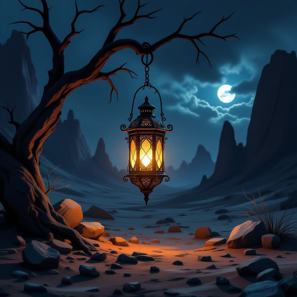 Ornate Lantern Glows in Alien Desert Landscape
